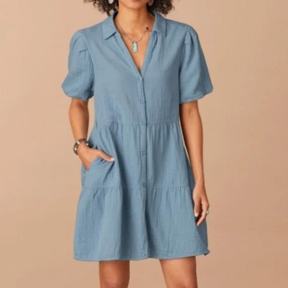 Anthropologie Dylan Parker Dress M Blue Gauze Tiered Button Front Cotton Pockets